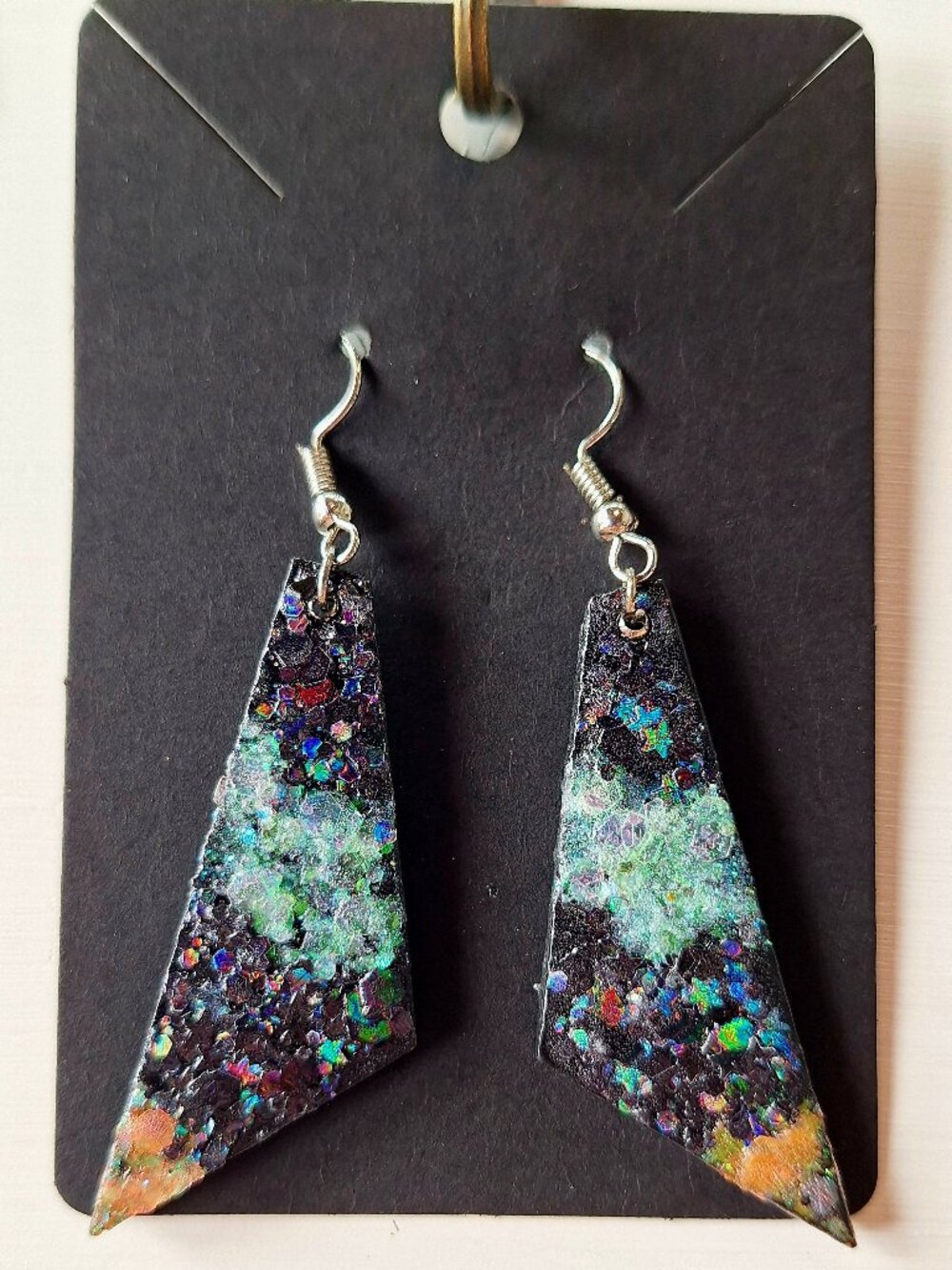 Wood Base Resin Glitter Earrings – Iridescent Galaxy Design Handmade Modern Art
